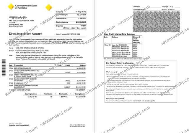 Australia Commonwealth account statement Word and PDF template, 2 pages